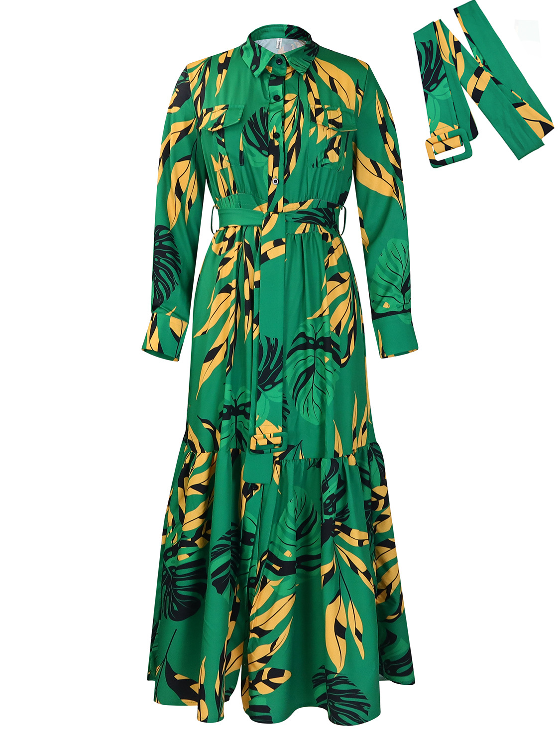 Lapel Lace up Printed Long Sleeve Shirt Skirt Long Dress Green - Shop at LoveMi