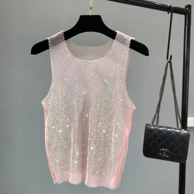 Rhinestone Mesh Waistcoat Women's Light Diamond Hollow Sleeveless Top Pink - Shop at LoveMi