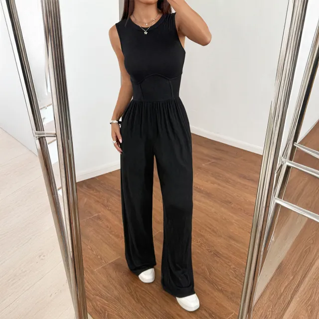 Y2g Style Waist tied Solid Color Jumpsuit Women's Clothing Black - Shop at LoveMi