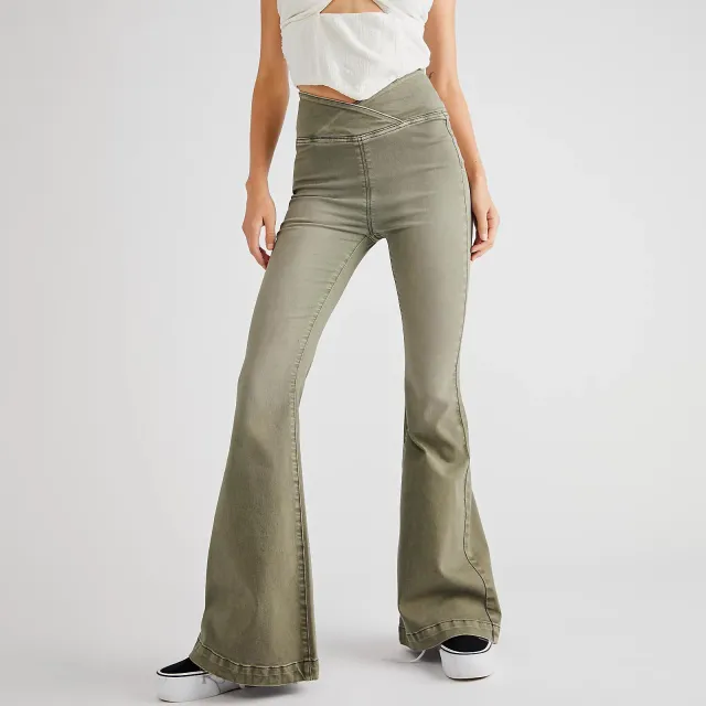 Women's Waist Irregular Slim fit Slimming Stretch Denim Flared Pants Army Green - Shop at LoveMi