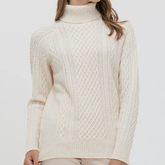 Women's High neck Cable Knit Wool Sweater Creamy White - Shop at LoveMi