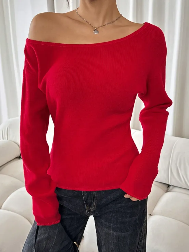 Women's Long sleeved Knitted Round neck Waist cinching Base Sweater Red - Shop at LoveMi