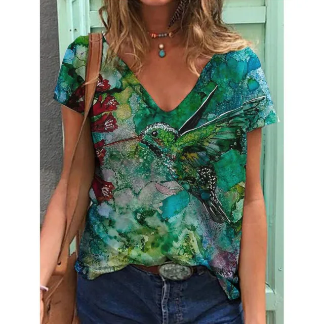 Women's Printed Short sleeved T shirt V neck Loose Top Style 2 - Shop at LoveMi