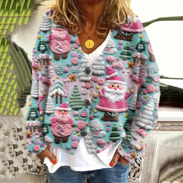 New Christmas Abstract Flowers Printing Sweater Fashion Casual Short Cardigan Coat Womens Clothing Qwdz101182Yxcpink - Shop at LoveMi