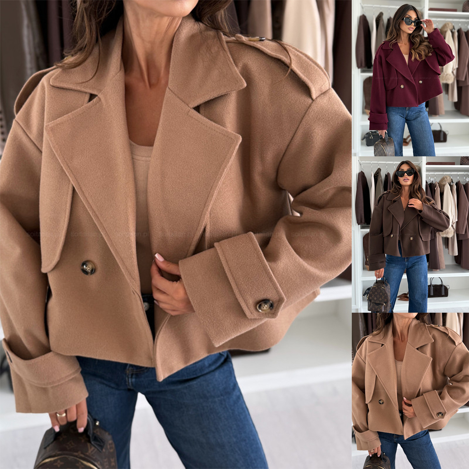Single-breasted Solid-color Long-sleeve Cropped Wool Coat