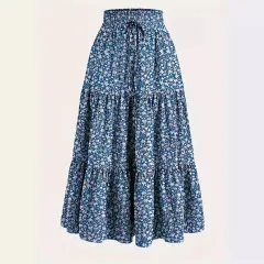 New Printed Skirt Elastic Waist Women - Light Blue - View 1