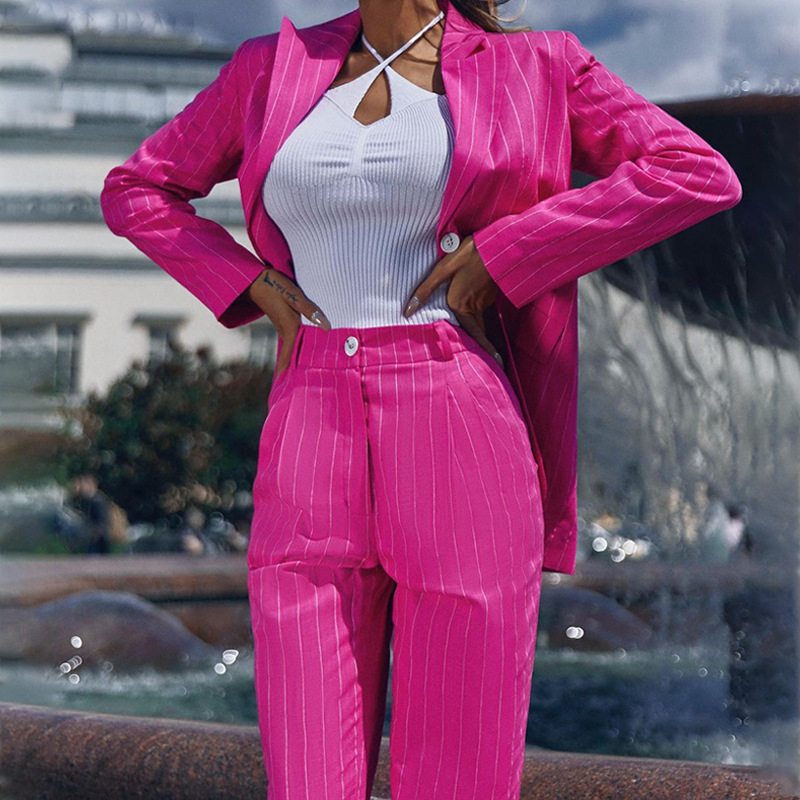 Women's Fashion Temperament Striped Lapel Two-piece Set