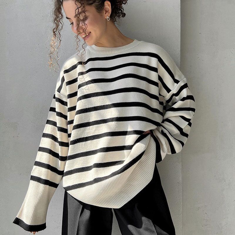 Autumn Winter Pullover Contrast Color Round Neck Sweater White - Shop at LoveMi