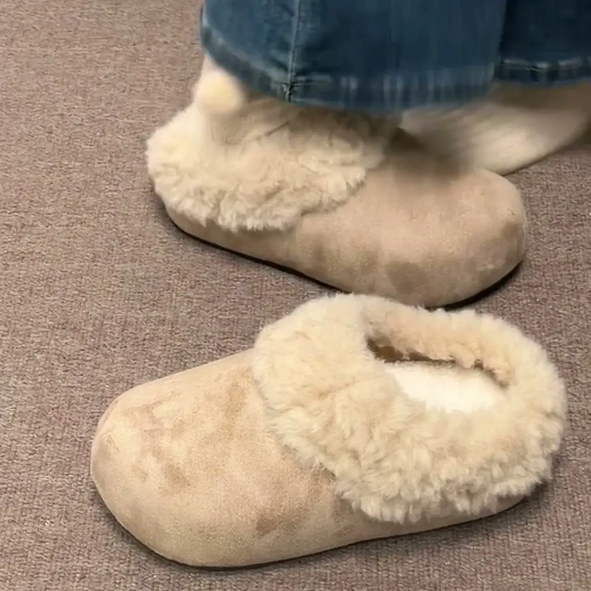 Womens Retro Thick-Soled Fleece-Lined Slippers