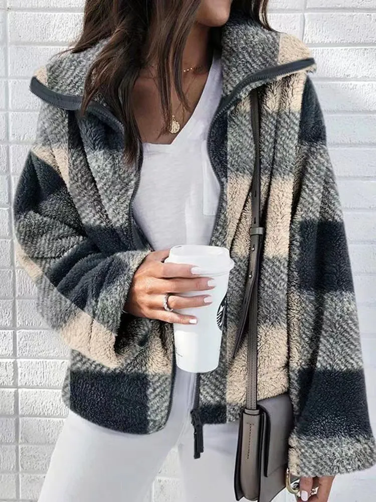 Plush Plaid Coat Plus Size Women's Clothing - Black Apricot