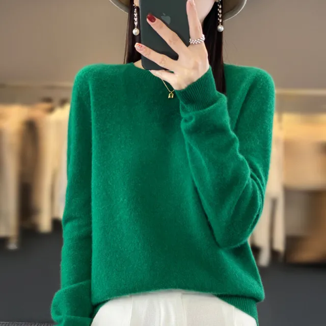 Women's Round Neck Sweater Loose Knitted Bottoming Sweater Emerald 2Xl - Shop at LoveMi