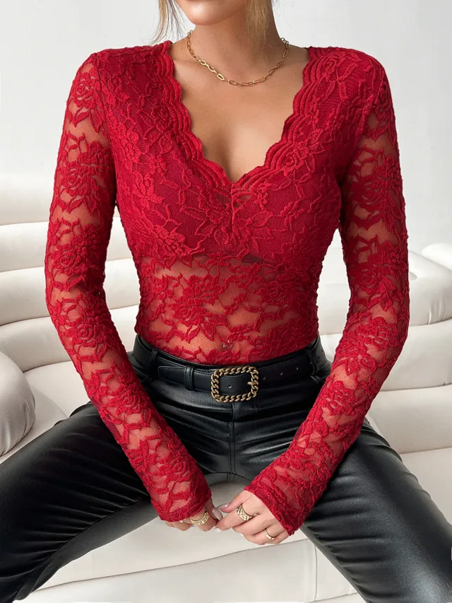 Fashion Women's Elegant Solid Color Lace Top Red - Shop at LoveMi