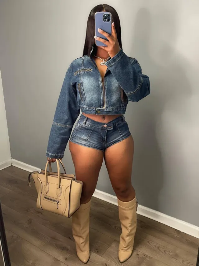 Casual Stretch Denim Coat Shorts Two piece Set Blue - Shop at LoveMi