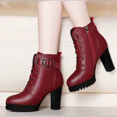 Fashion Women's Tide Ankle Boots Thick High Heels - Wine - View 1