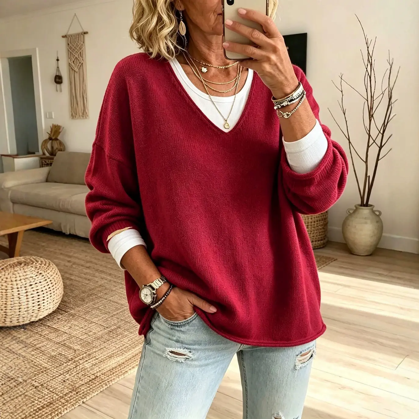 Everyday Casual Loose-fit V-neck Long-sleeve Sweater