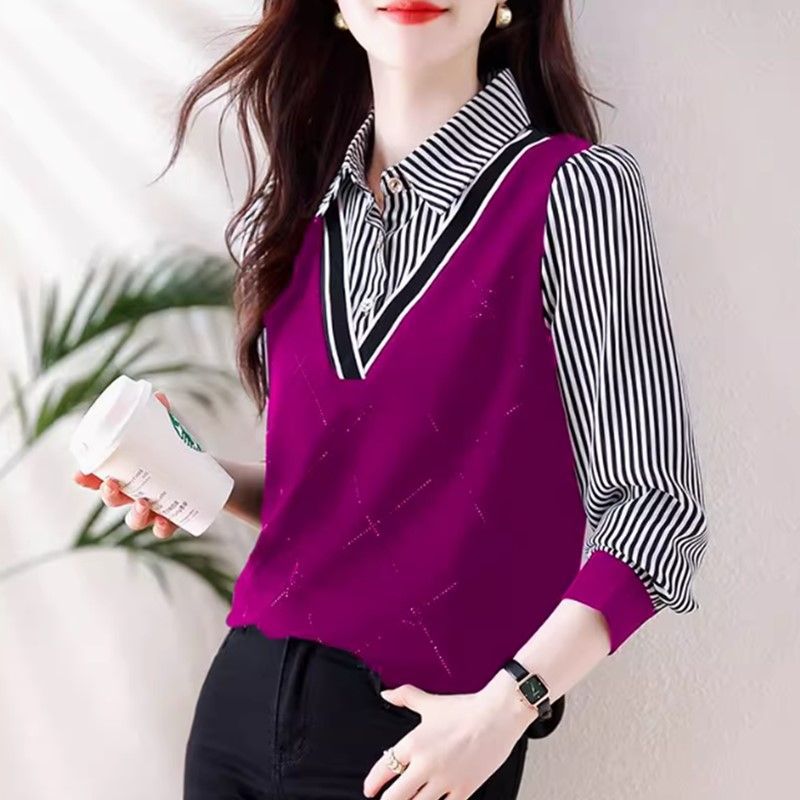 Western-style Lapel Shirt Fashionable Faux Two-piece Top
