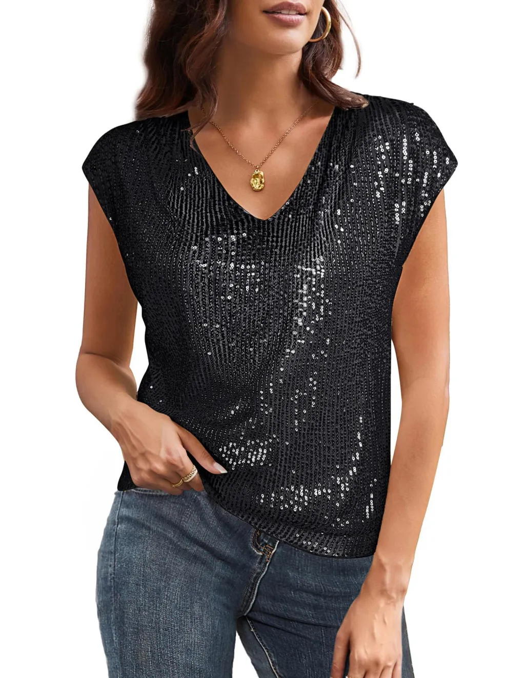Women's V-neck Sequins Short-sleeved Top Vest - Black