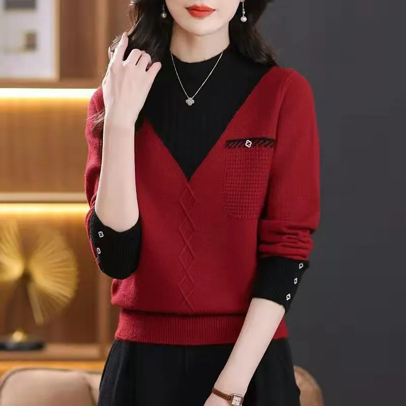 New Thick Sweater Women's Fake Two-piece Half Turtleneck Bottoming Top - Wine Red