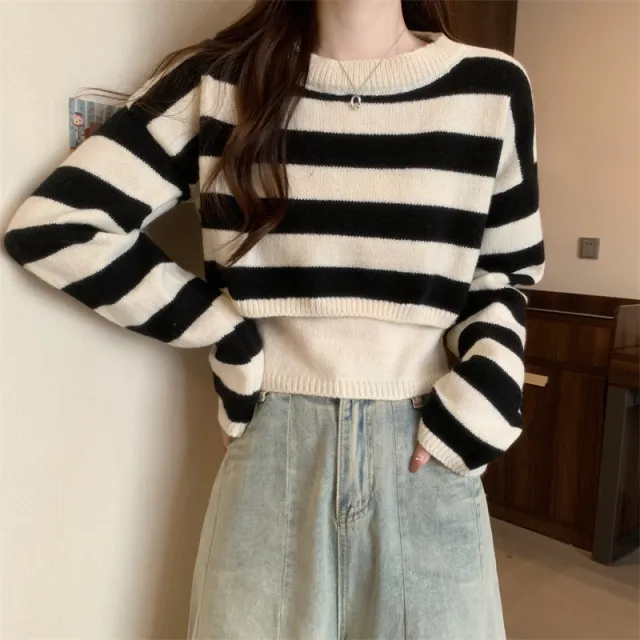 Fashion Striped Sweater Long sleeved Top Assorted Black - Shop at LoveMi
