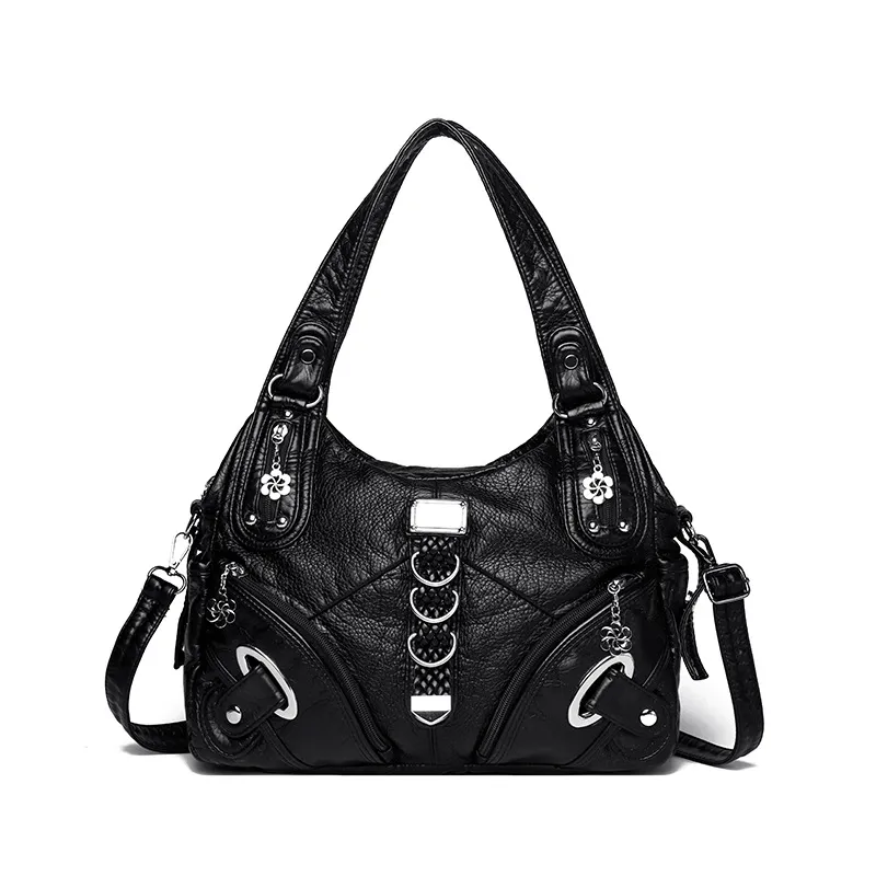 Women's Large Capacity Washed Leather Handbag - Black