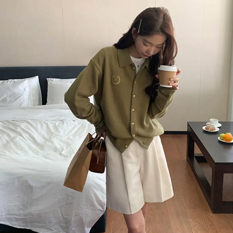 Solid Color Cashmere Cardigan Women Loose Lapel Coat - Green