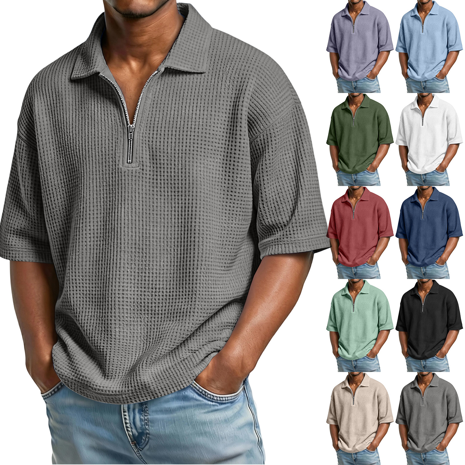 Men's Waffle-Weave Short-Sleeve Lapel Polo Shirt T-Shirt