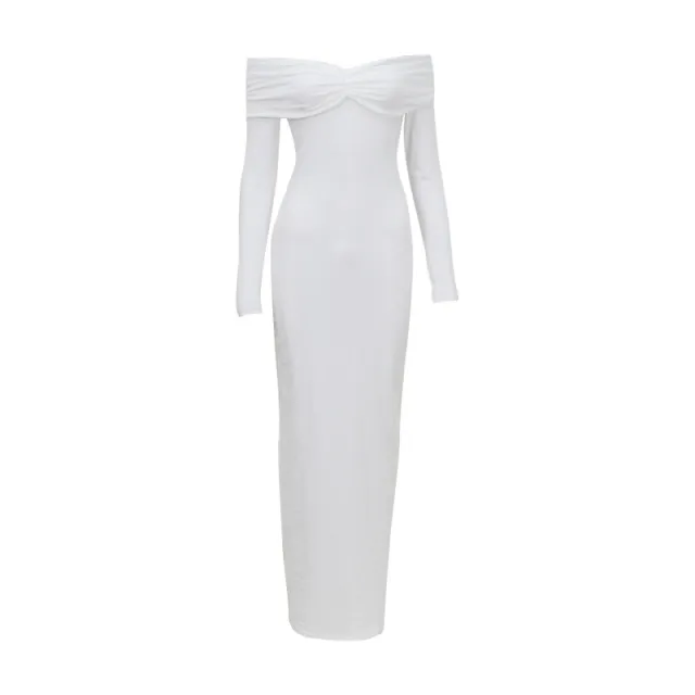 European And American Solid Color French Style Off shoulder Tube Top Long Sleeve Dress Women White - Shop at LoveMi