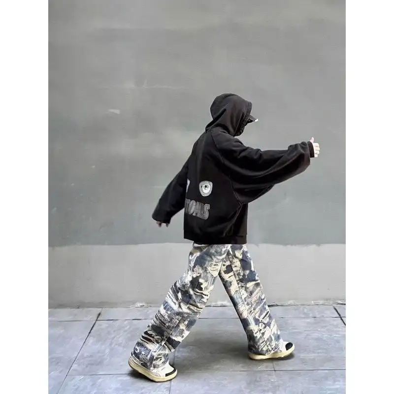 Men's Fashion Casual Digital Printing Hole Worn Jeans