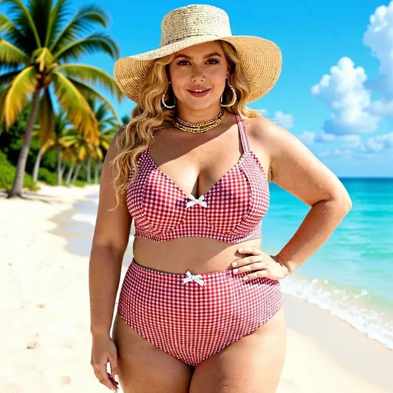 Plus-size Sexy Backless Printed Plaid Two-piece Swimsuit
