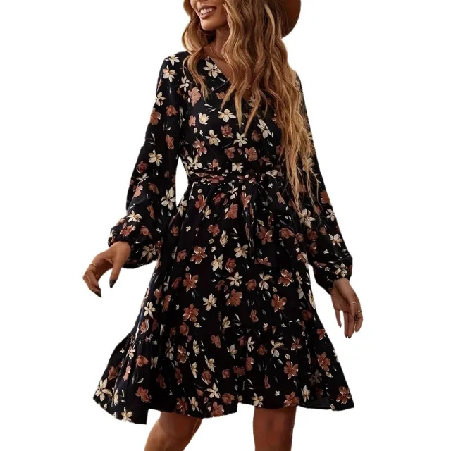 New Long Sleeve Cross Collar Elastic Waist Belt Printed Dress Dark Blue - Shop at LoveMi