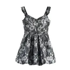 European And American Style Elegant Jacquard Waist Trimming Short Sling Dress - Black - View 1