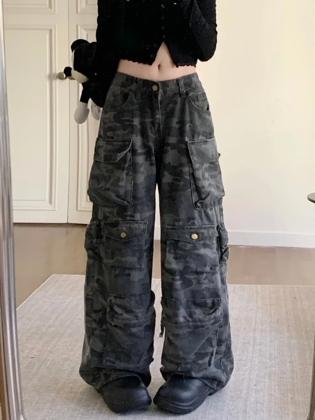 High Street Straight Loose Wide Leg Long Camouflage Color - Shop at LoveMi