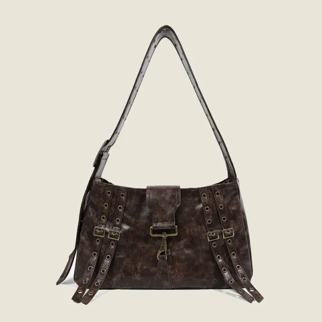 Heavy Metal Crossbody Punk Leisure Large Capacity Belt Decoration Big Bag Coffee - Shop at LoveMi