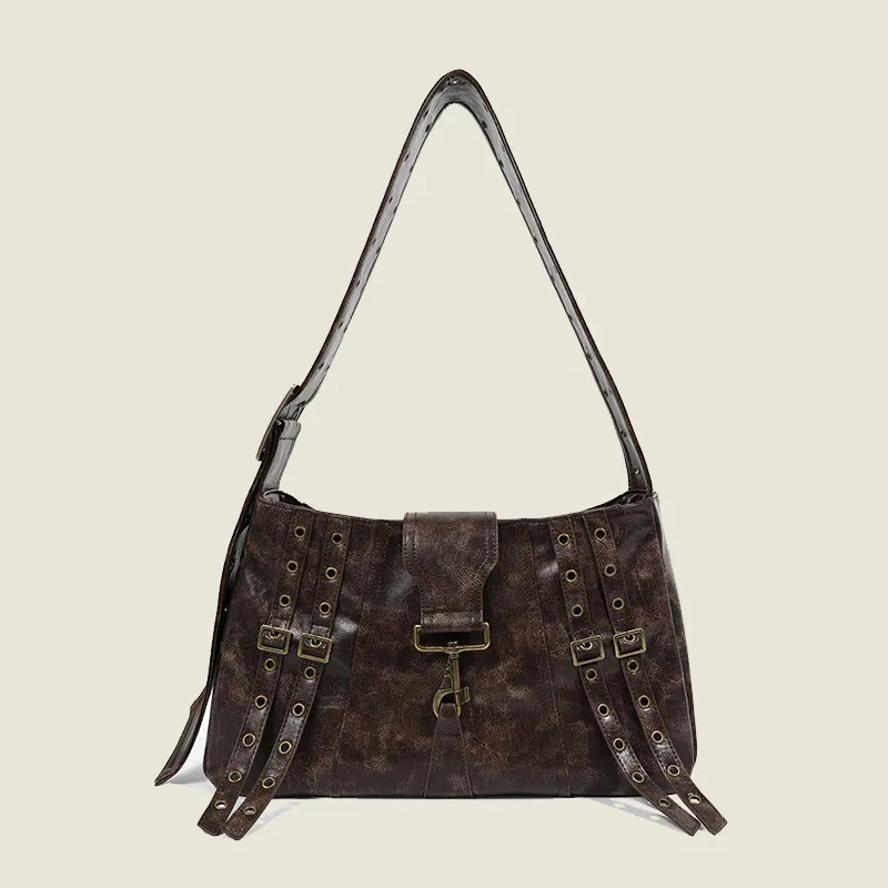Heavy Metal Crossbody Punk Leisure Large Capacity Belt Decoration Big Bag - Coffee