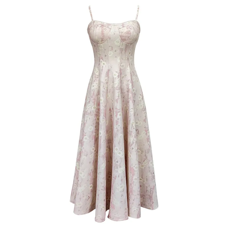 Strapless Square-neck Printed Dress For Women - Pink