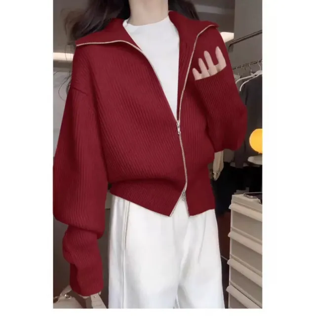 Style Design Double Zipper Knitted Cardigan Fashion Casual Jacket Wine Red - Shop at LoveMi