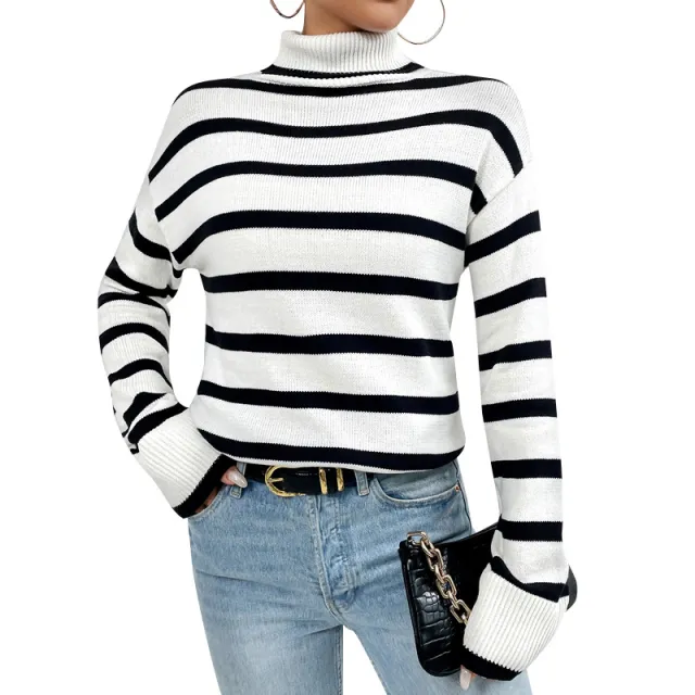 Women's Loose Contrast Color Striped Sweater Long sleeved Top White And Black Stripes - Shop at LoveMi