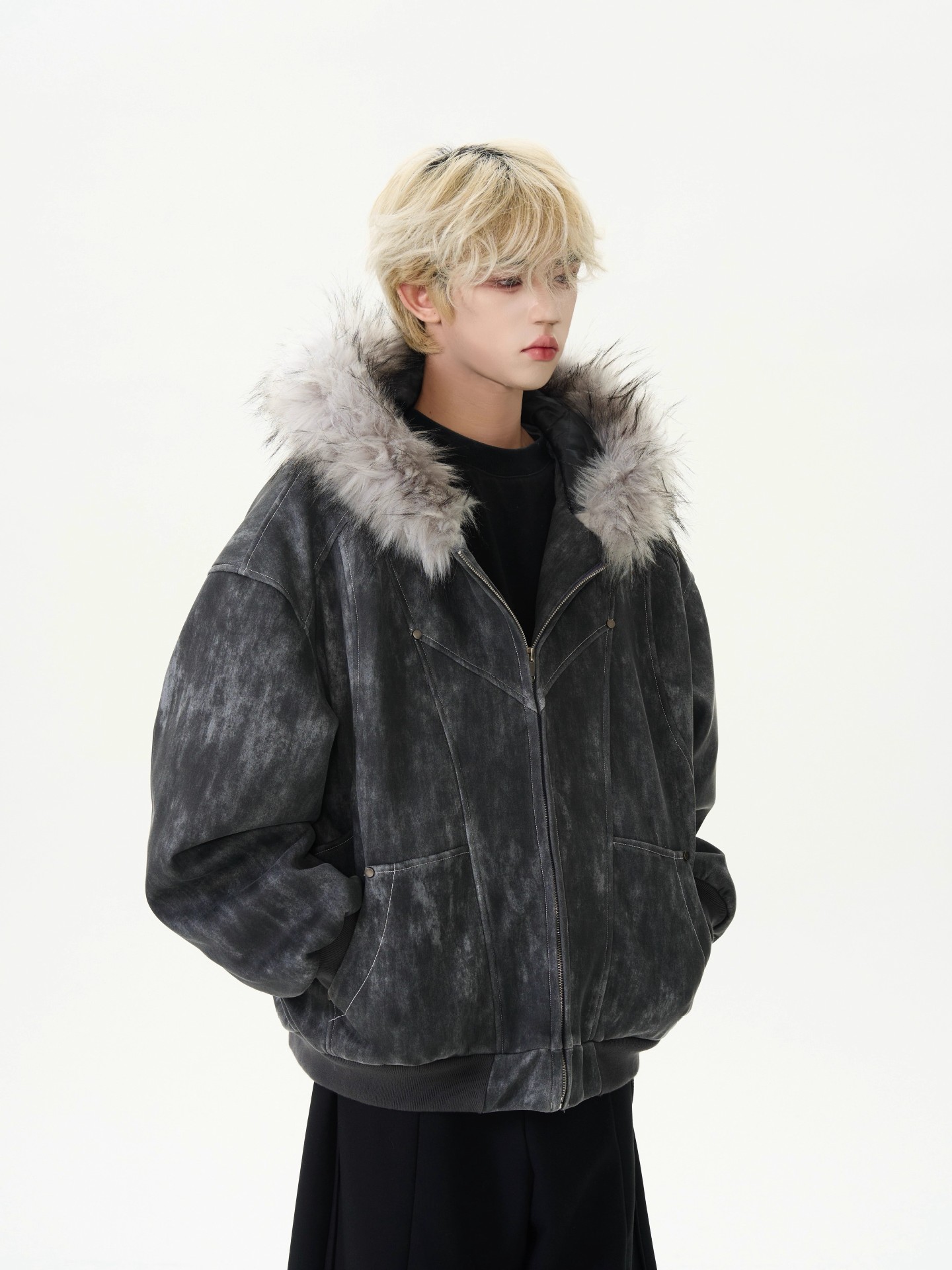 Men's Vintage Wash Suede-Touch Oversized Jacket with Plush Fur Hood