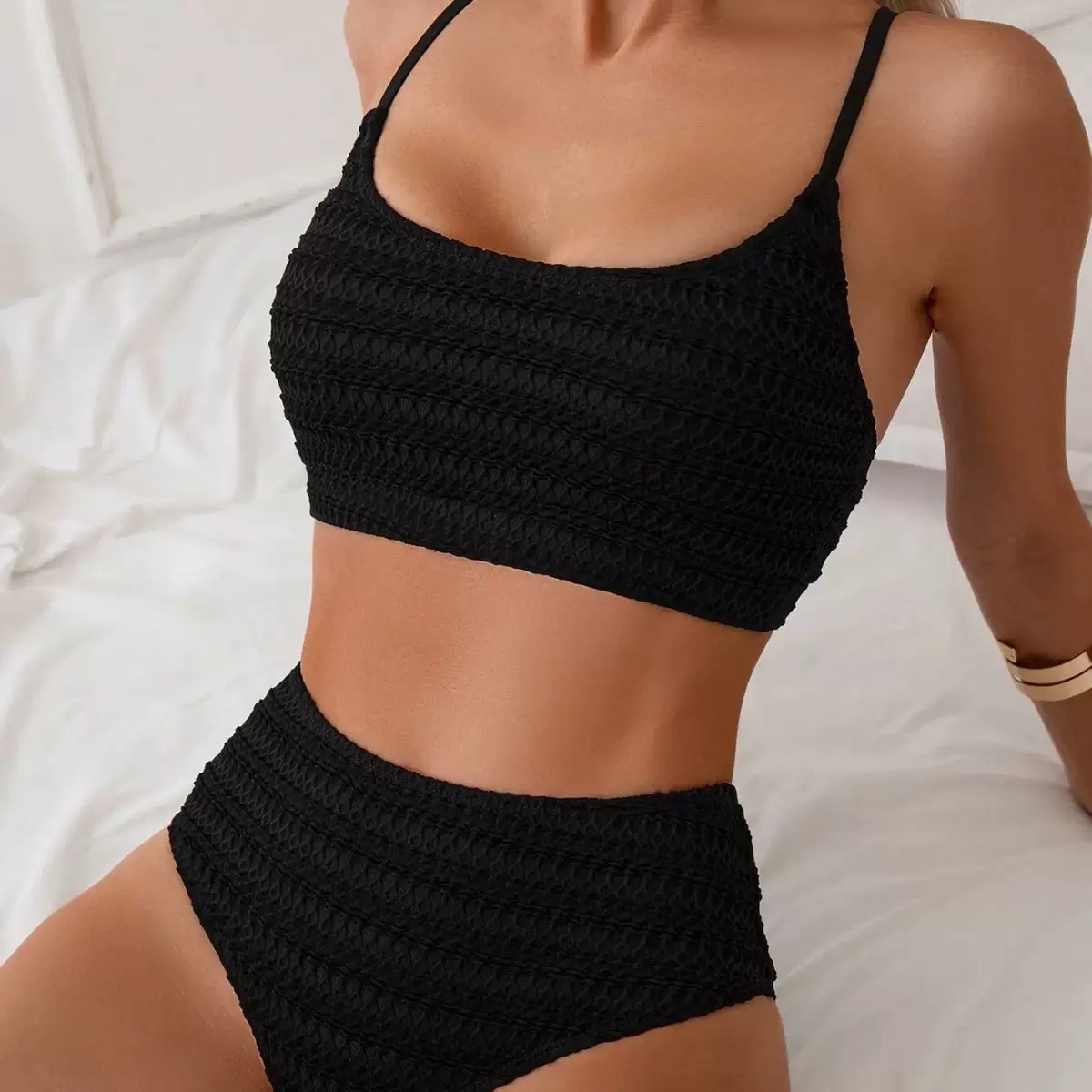 Womens Solid-Color Nylon Jacquard Two-Piece Beach Swimsuit