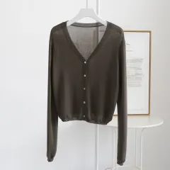 Spring And Summer V-neck Short Tencel Knitted Cardigan Pure Colour All-matching - Olive Green - View 1