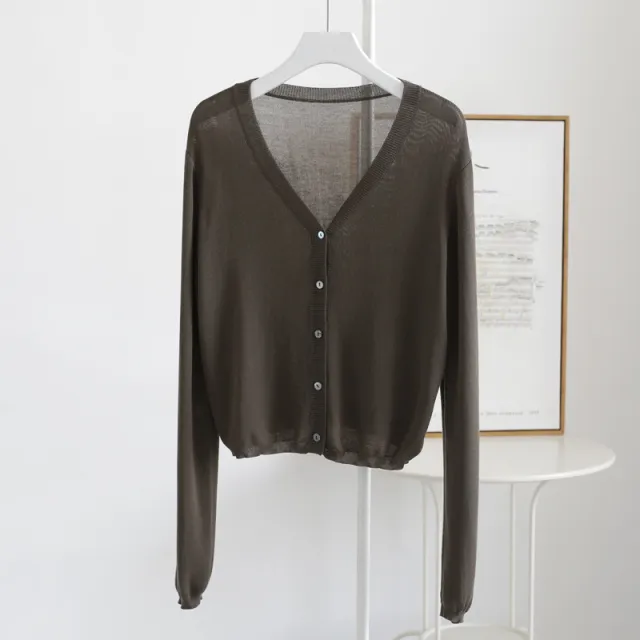 Spring And Summer V neck Short Tencel Knitted Cardigan Pure Color All matching Olive Green - Shop at LoveMi