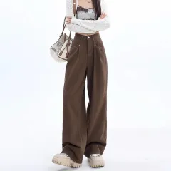 Women's Fashion Casual High Waist Straight Jeans - Brown Coffee Color - View 1