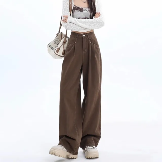 Women's Fashion Casual High Waist Straight Jeans Brown Coffee Color - Shop at LoveMi