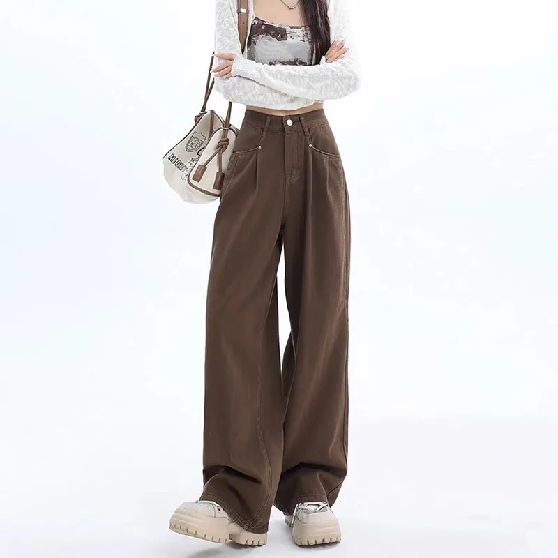 Women's Fashion Casual High Waist Straight Jeans - Coffee