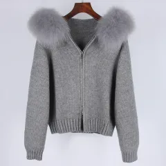 Spring Coat Women's Zipper Real Fox Fur Collar Hooded - Grey - View 1
