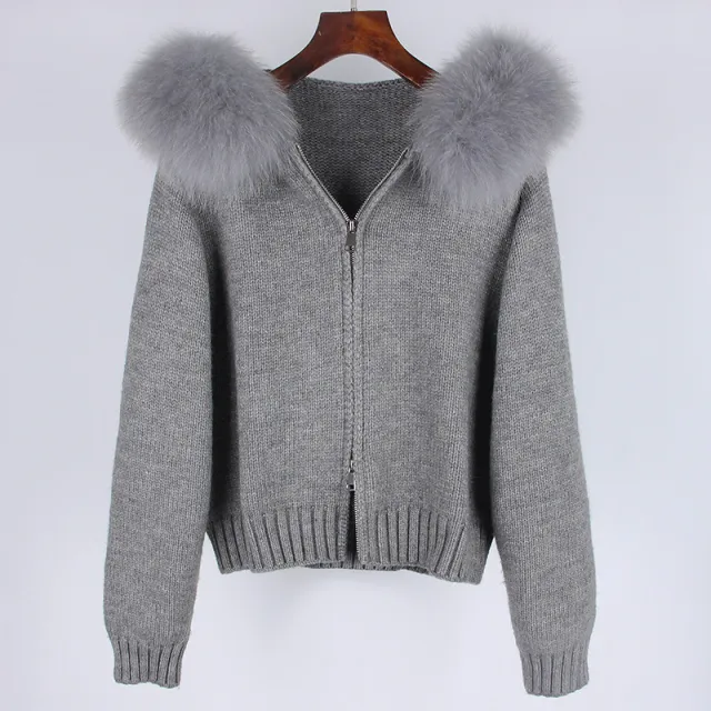 Spring Coat Women's Zipper Real Fox Fur Collar Hooded Gray - Shop at LoveMi
