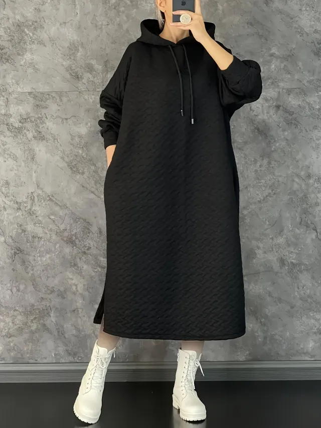 Women's Casual Hooded Long Sleeve Sweatshirt Dress With Pockets Black - Shop at LoveMi
