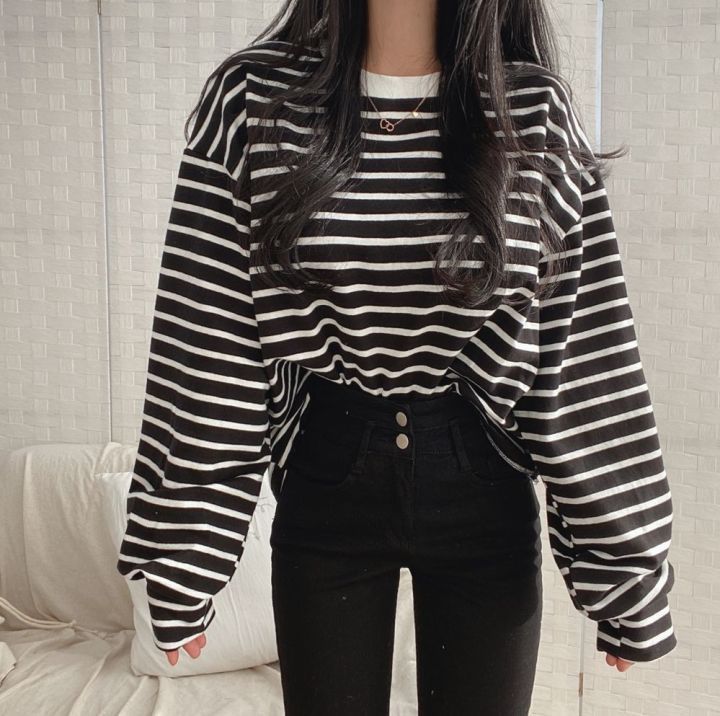 Women's Loose-fitting Striped Long Sleeves T-shirt