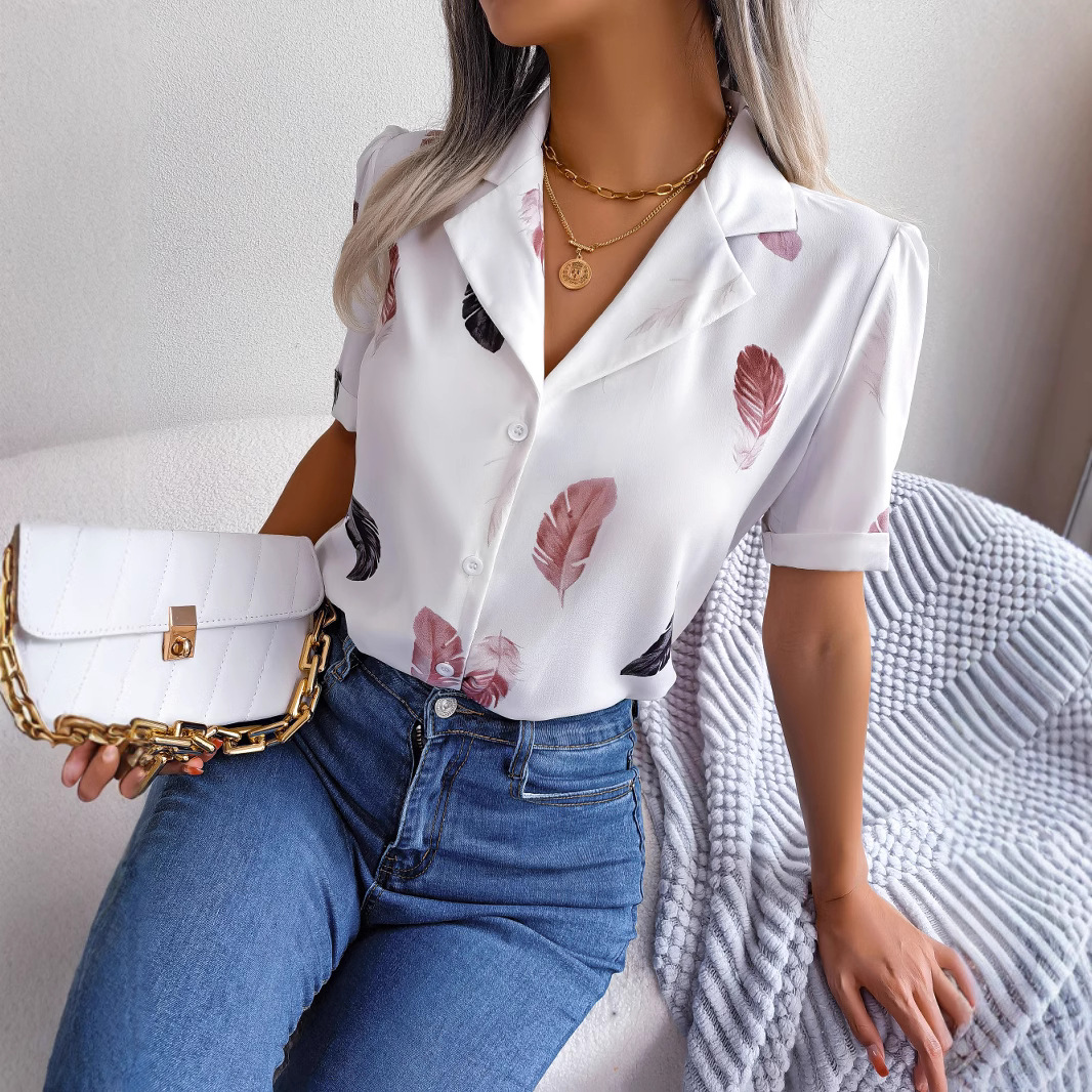 Elegant Womens Blazercollar Feather Top With A RelaxedShortsleeve Design