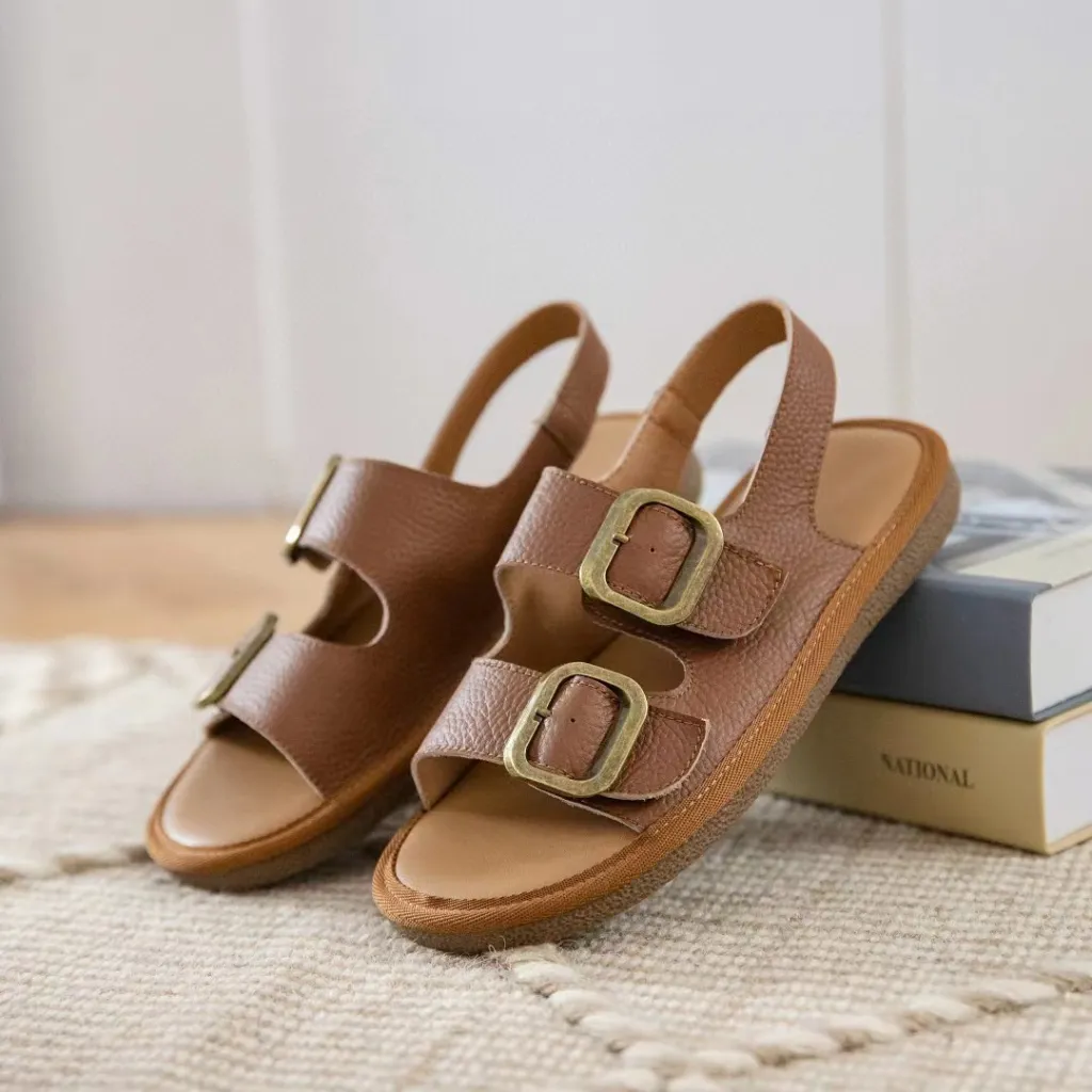 Women's Flat Cool First Layer Cowhide Soft Bottom Belt Buckle Beach Outer Wear Ankle-strap Sandals - Brown